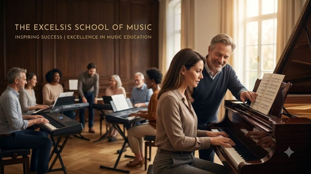 Adults in a group piano lesson learning together in London