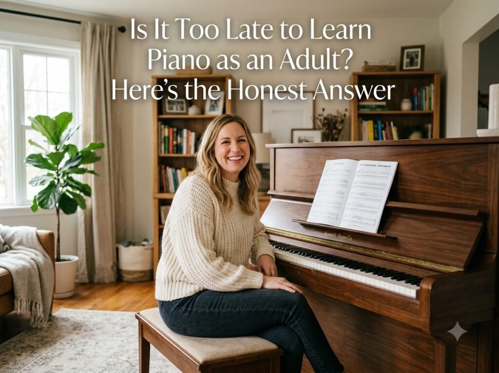 Adult beginner playing piano for the first time in a lesson