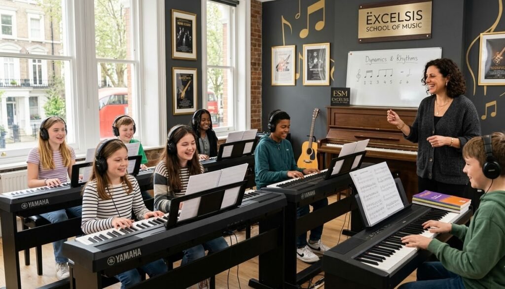 Group piano lessons in London – students learning piano together at Excelsis School of Music