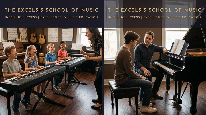 Adults comparing group piano class and private piano lesson options at a music school in London