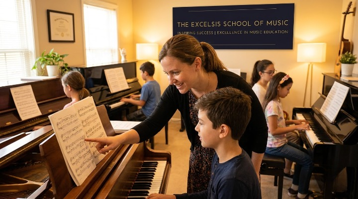 Piano student and teacher during a private one-to-one piano lesson
