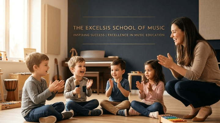 Young children taking part in a group music class at Excelsis School of Music in London