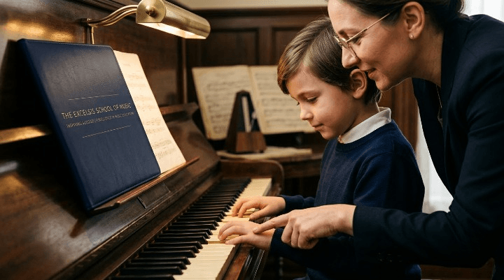 Piano teacher giving individual feedback to a child during a music lesson