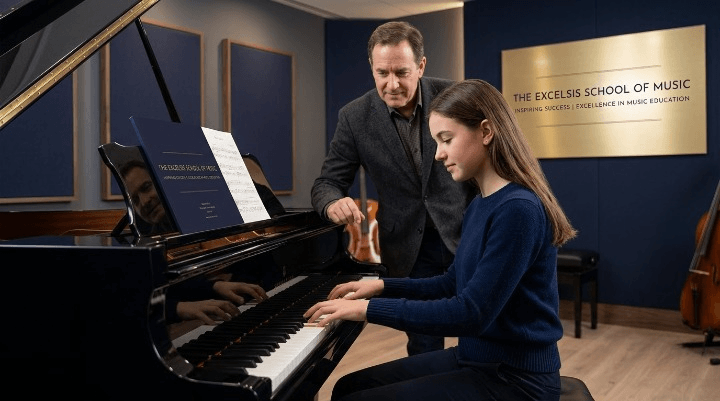 Teenager playing piano confidently during a lesson at Excelsis School of Music