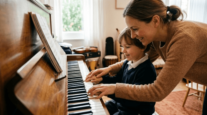 Young child learning piano with a teacher at Excelsis Music School in London