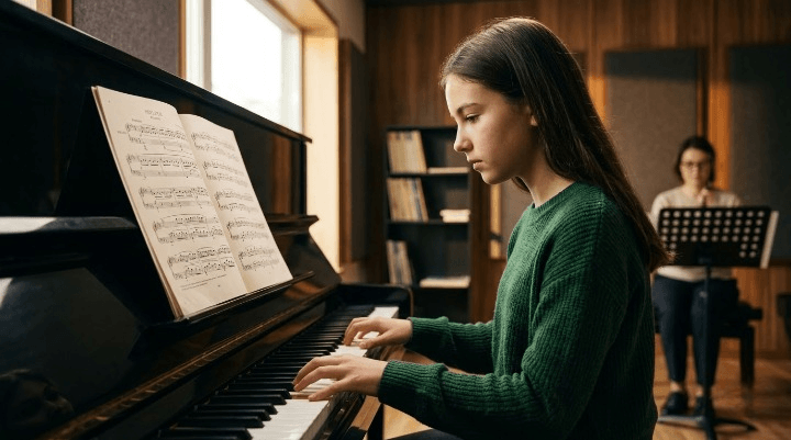 Teenager practising piano independently during a lesson