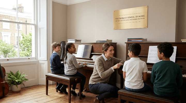 Small group piano lesson at a London music school