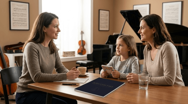 Parent and child meeting a music teacher at a London music school
