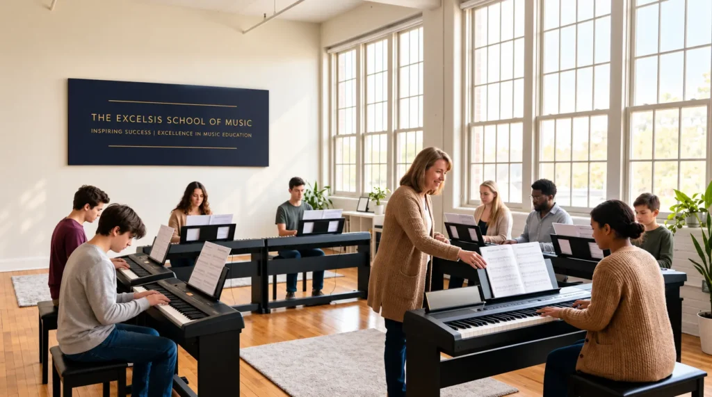 Beginner group piano class in session at Excelsis School of Music