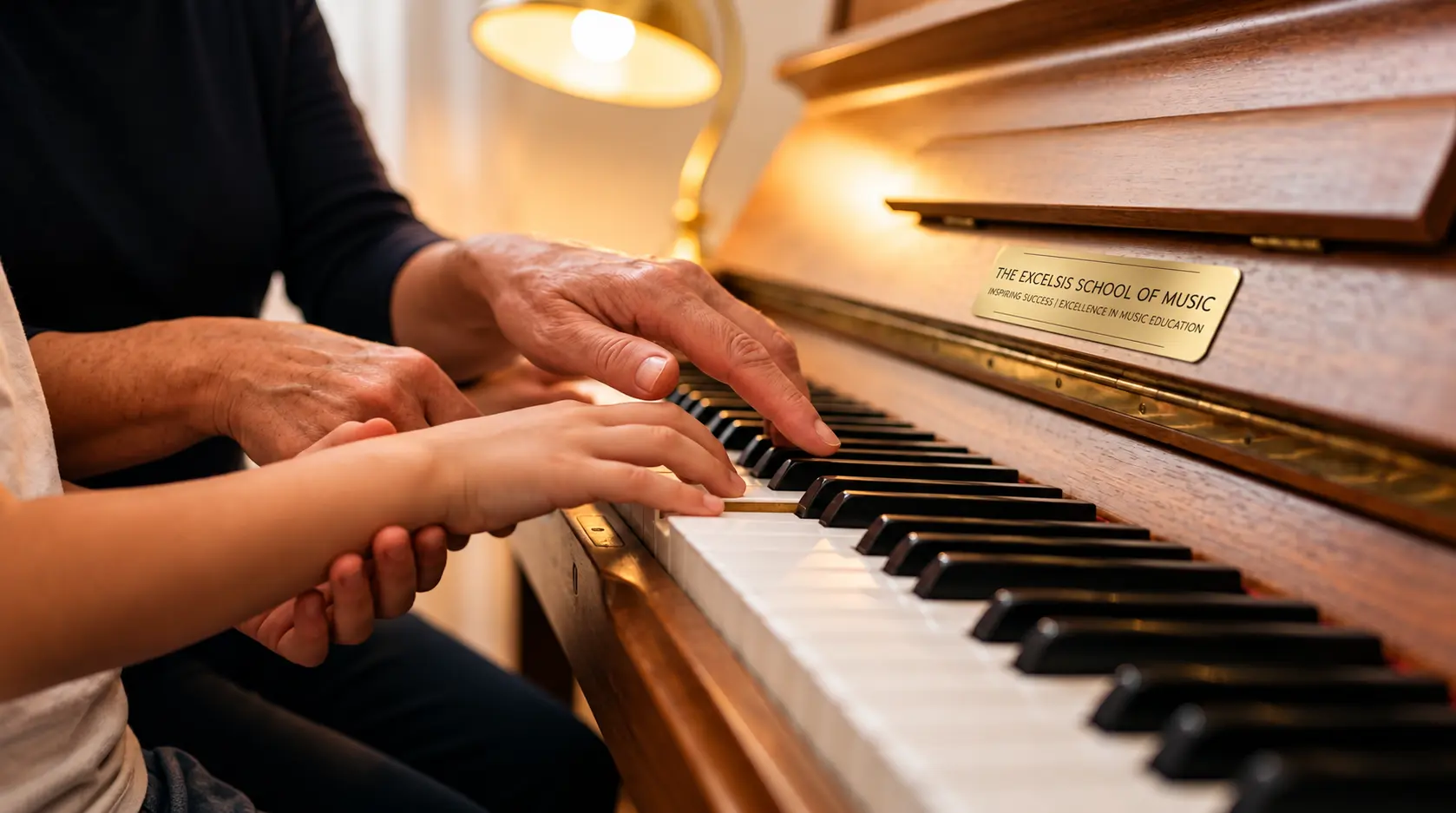 Piano teacher guiding a beginner student during a group piano class practice session
