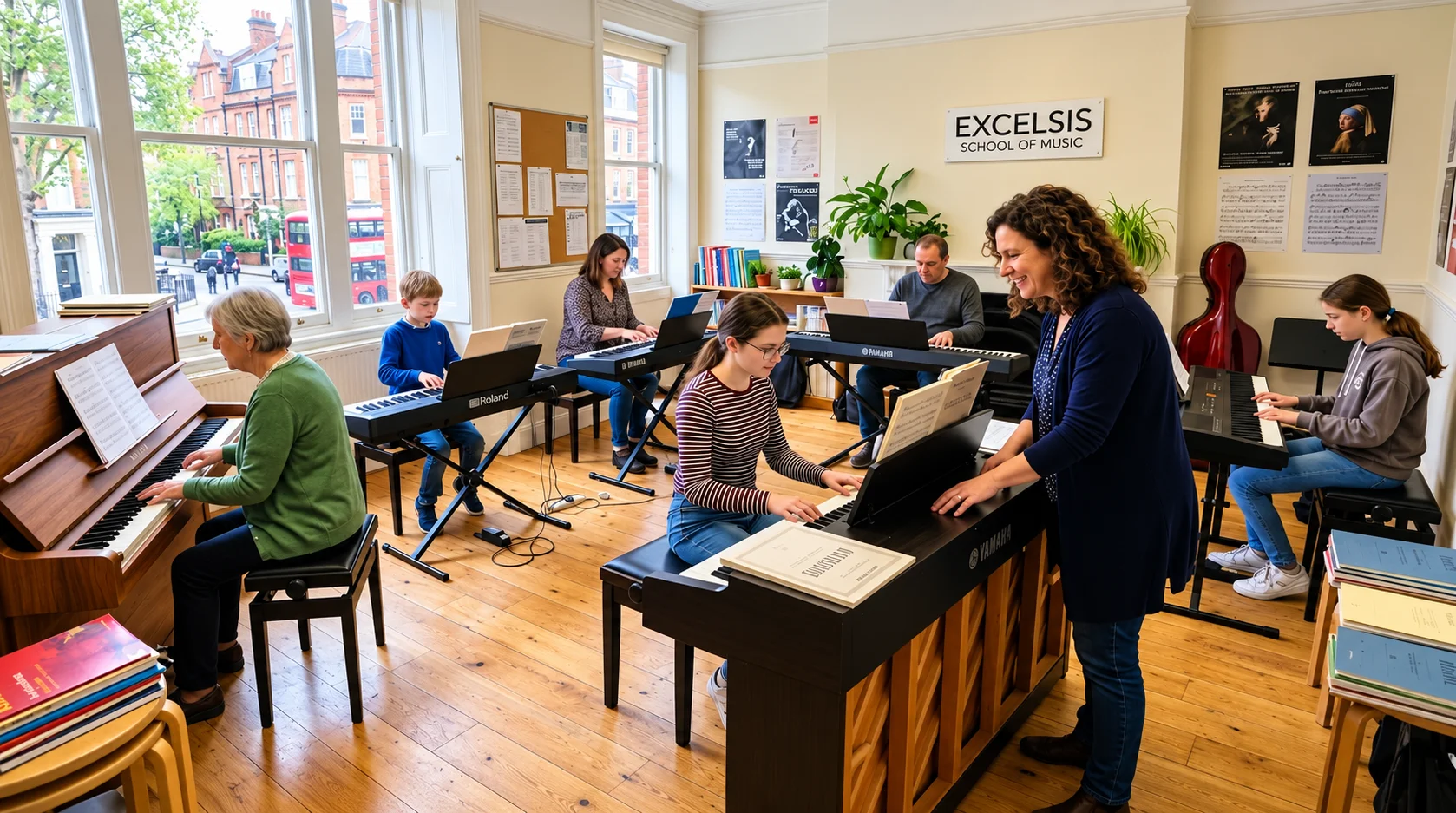 Group of students in a beginner group piano lesson at Excelsis School of Music London