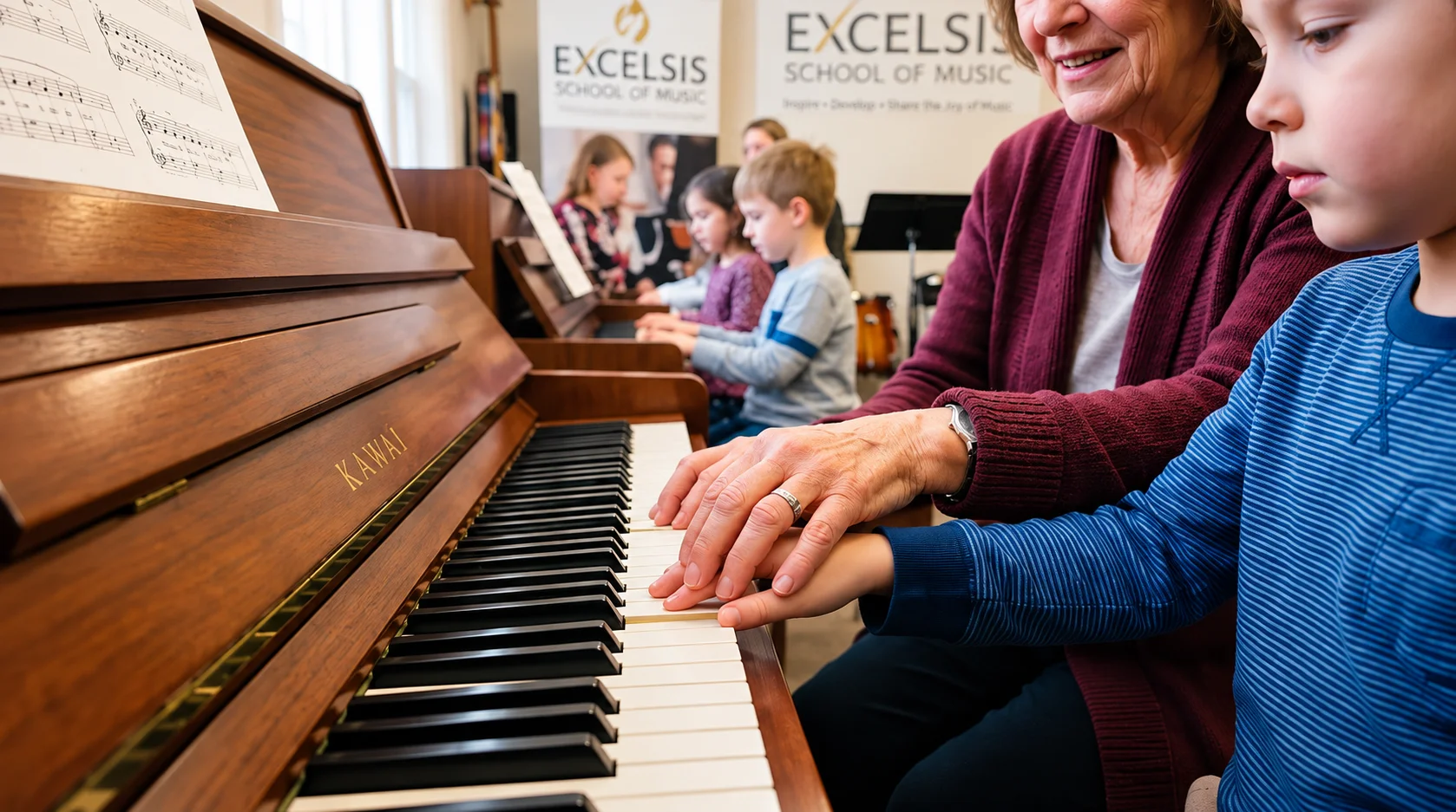 Piano teacher guiding a beginner student's hand position during a group piano lesson
