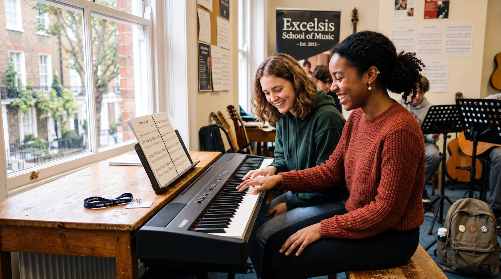 Friends learning piano together during a group piano lesson in London