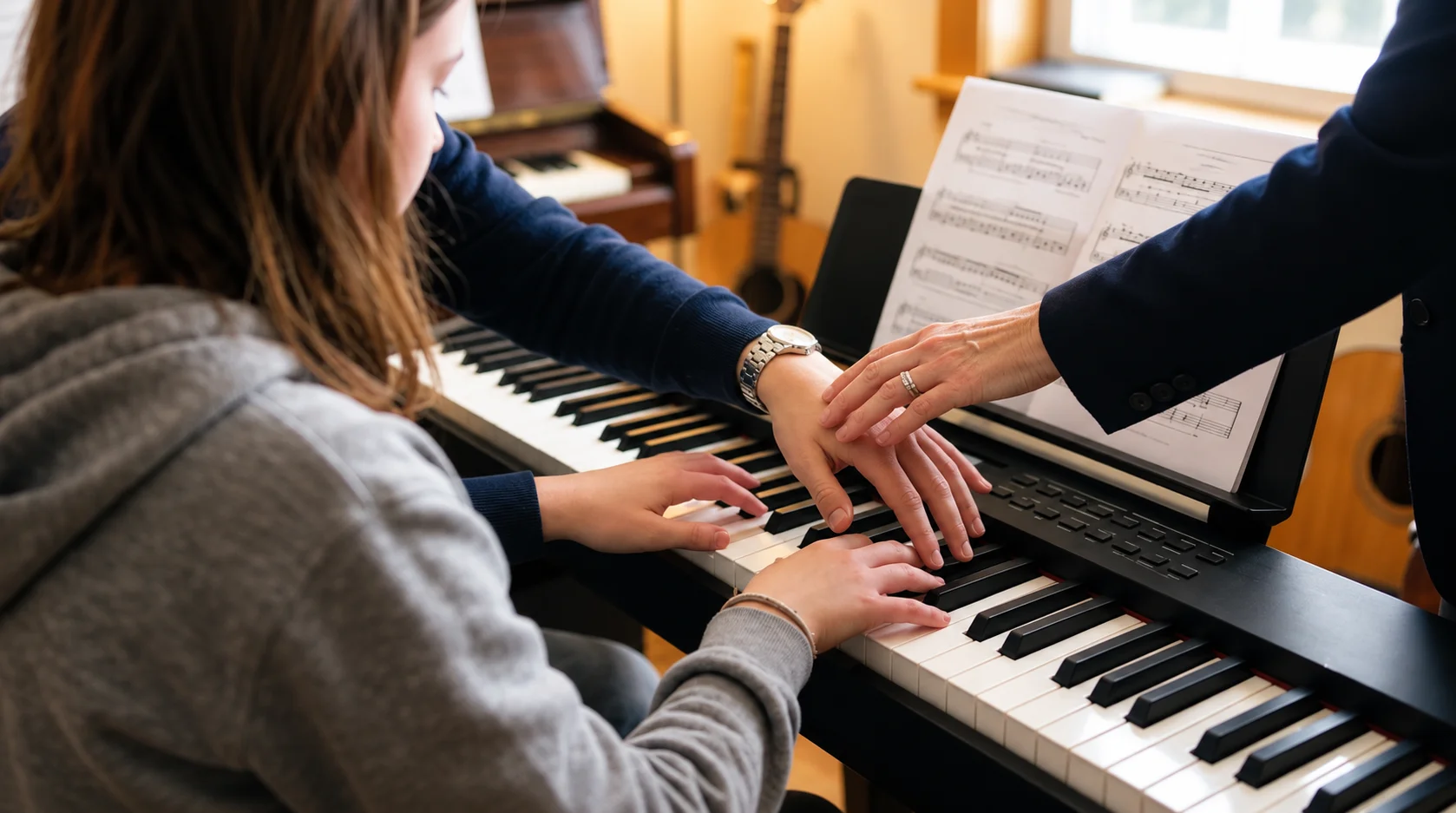 Teacher supporting mixed-ability friends during a group piano lesson