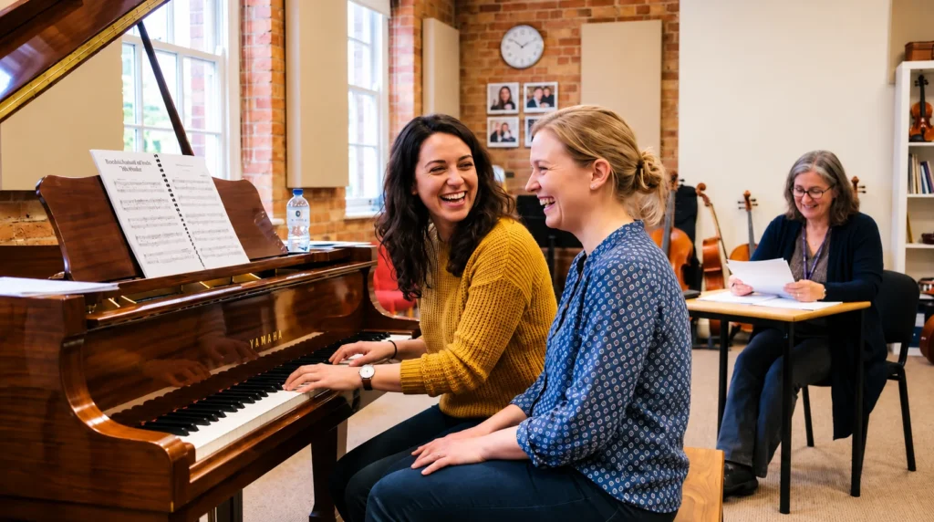 Two friends learning piano together in a group piano lesson at Excelsis School of Music