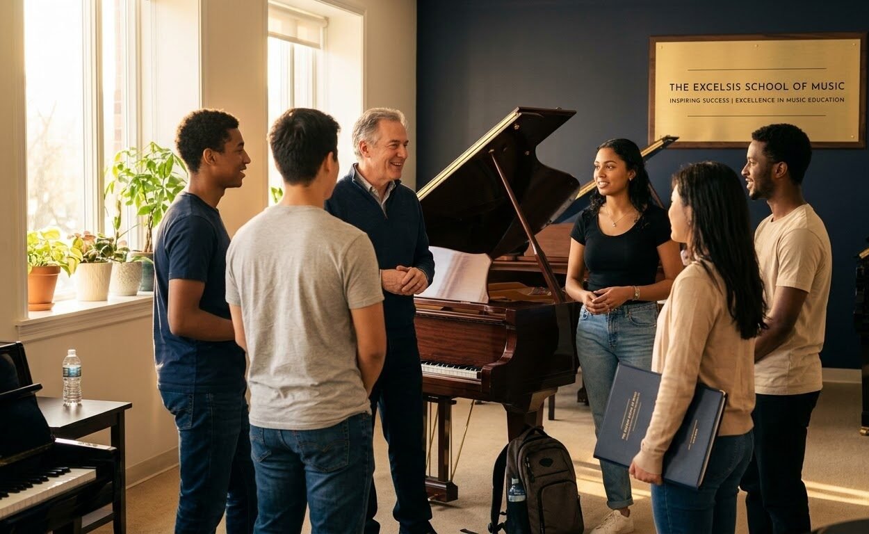 Adult beginner students sitting at a piano during their first group piano lesson at Excelsis School of Music