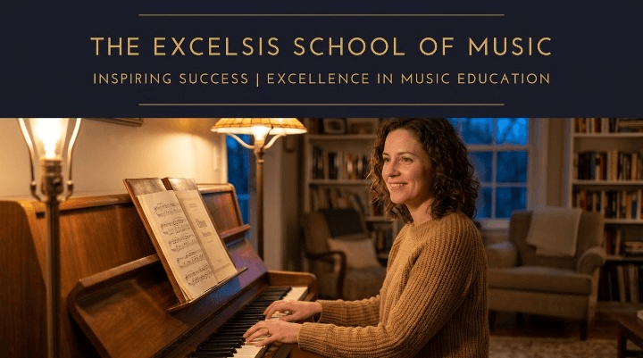 Adult sitting at a piano at home, smiling while reading sheet music