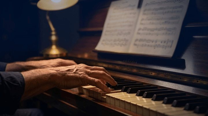 Adult beginner practising piano at home in the evening