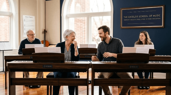 Group of adult students in a piano lesson smiling together