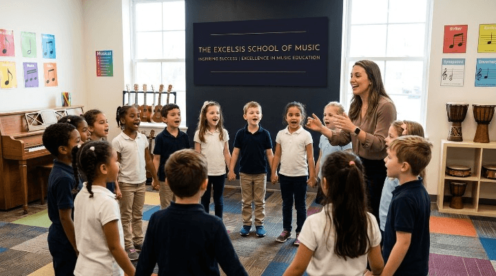 Children singing together in a music classroom as part of a Kodaly-style lesson