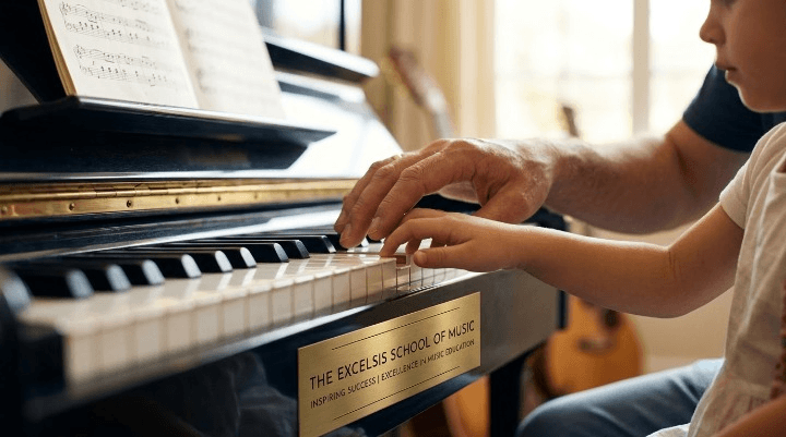 Music teacher guiding a young child's hands at the piano