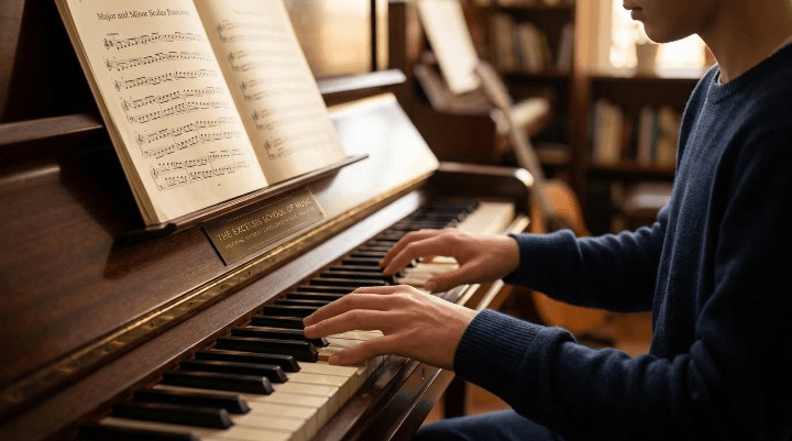 Student practising piano scales with sheet music on the stand