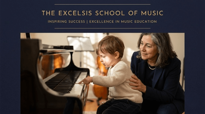 Young beginner pressing piano keys for the first time in a lesson