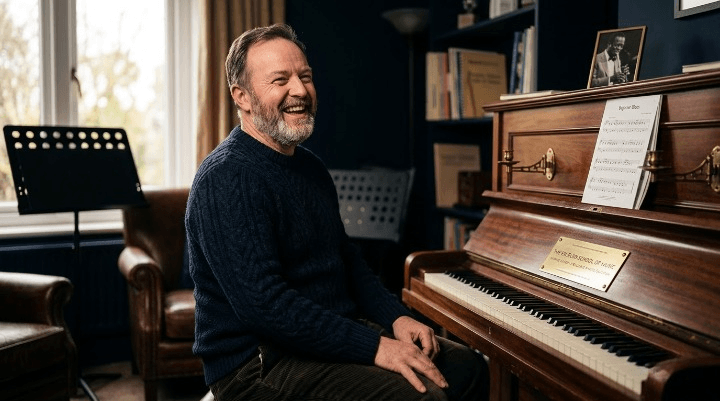 Adult beginner laughing during a piano lesson, relaxed and confident
