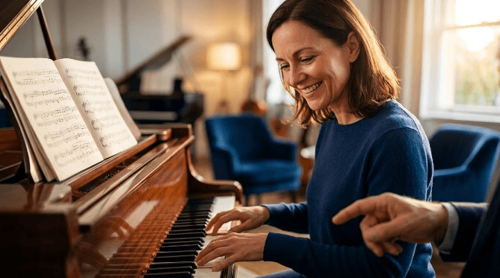 Adult beginner smiling while learning piano for the first time