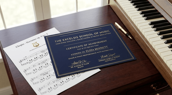 Sheet music and piano keyboard arranged for a music grade exam