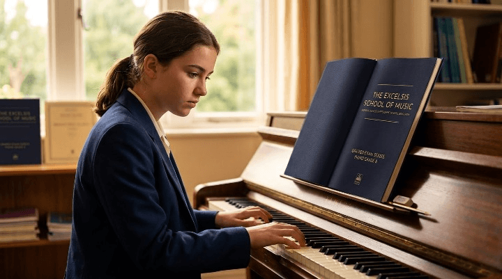 Piano student preparing sheet music for a grade exam