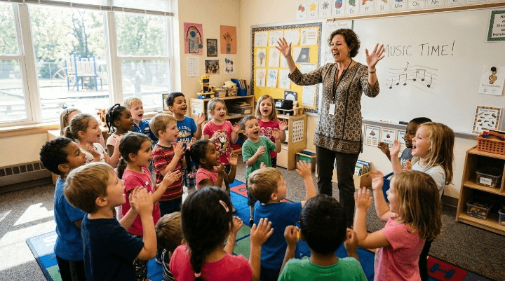Children singing together as part of a Kodaly-based music class