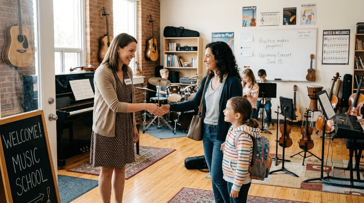 Parent and child being welcomed into a bright music school classroom