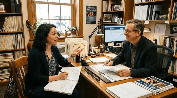 Adult discussing piano lesson options with a music school administrator