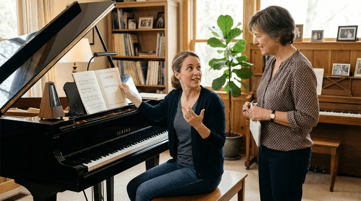 Adult student asking a piano teacher a question before a lesson