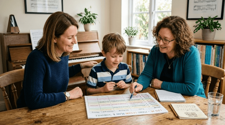 Parent and child discussing piano lesson plans with a teacher