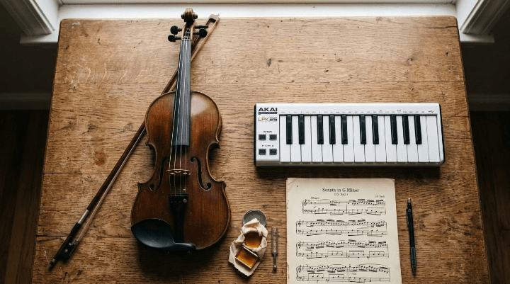 Violin and piano keyboard placed side by side as instrument options
