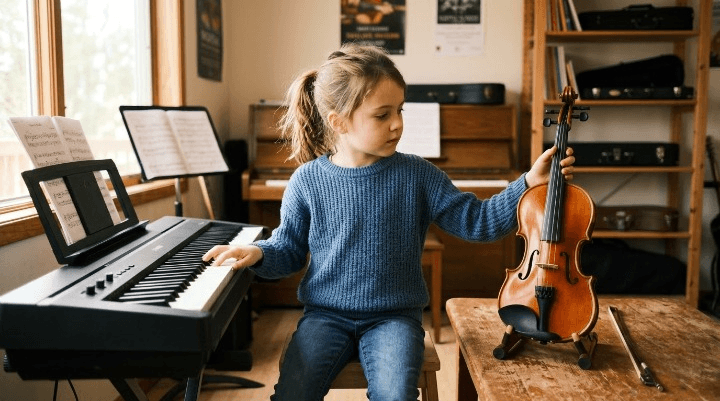 Beginner student comparing violin and piano during a music lesson