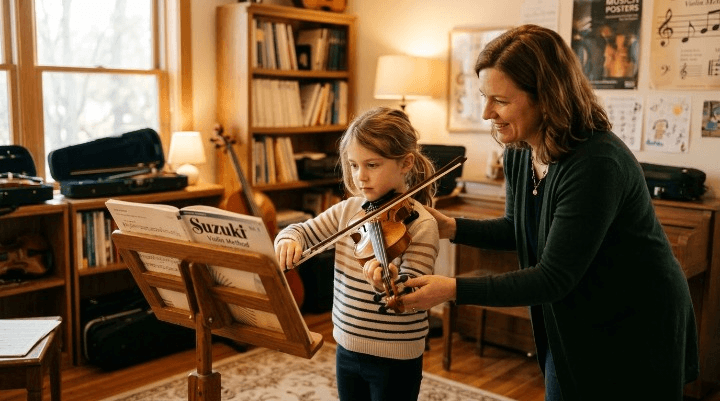 Child playing violin in a music lesson with a teacher guiding posture