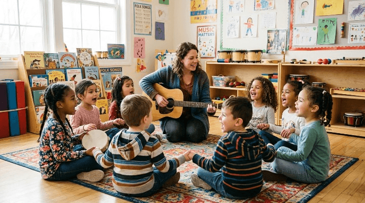 Children singing folk songs together in a Kodaly-based music class