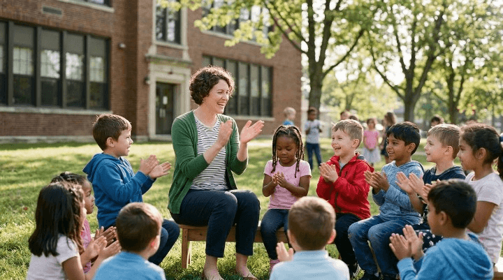 Teacher leading a rhythm clapping game with young children