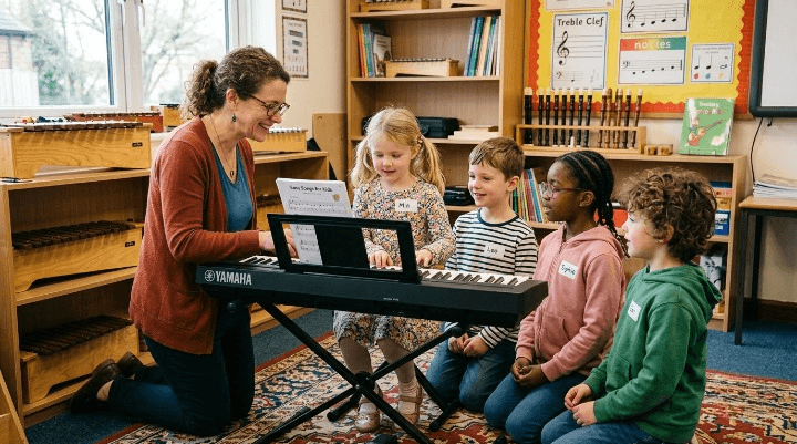Music school teacher working with a small group of children