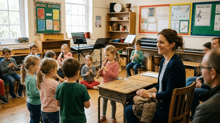 Parent watching a children's music lesson at a music school