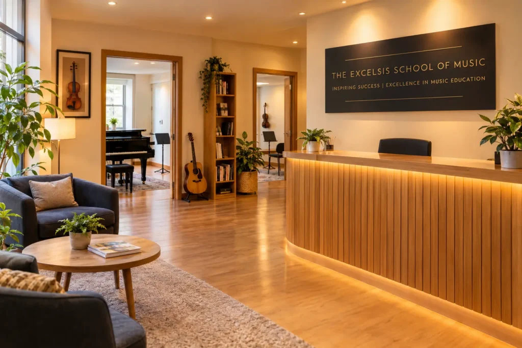 Welcoming reception area of a music school with instruments on display
