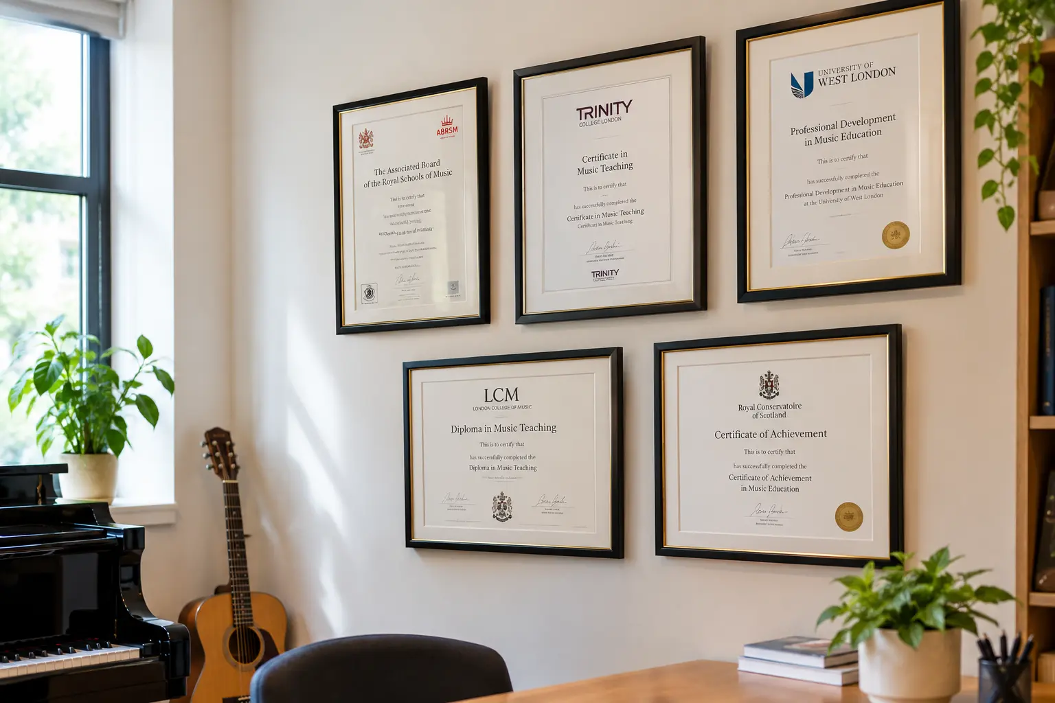 Music teacher's qualification certificates displayed on an office wall
